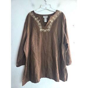 Bridgewater Studio  Brown w/Floral Embroiderd V-Neck 100% Linen Blouse size 22W